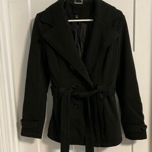 Women's Black Belted Peacoat Jacket - size L Unbranded